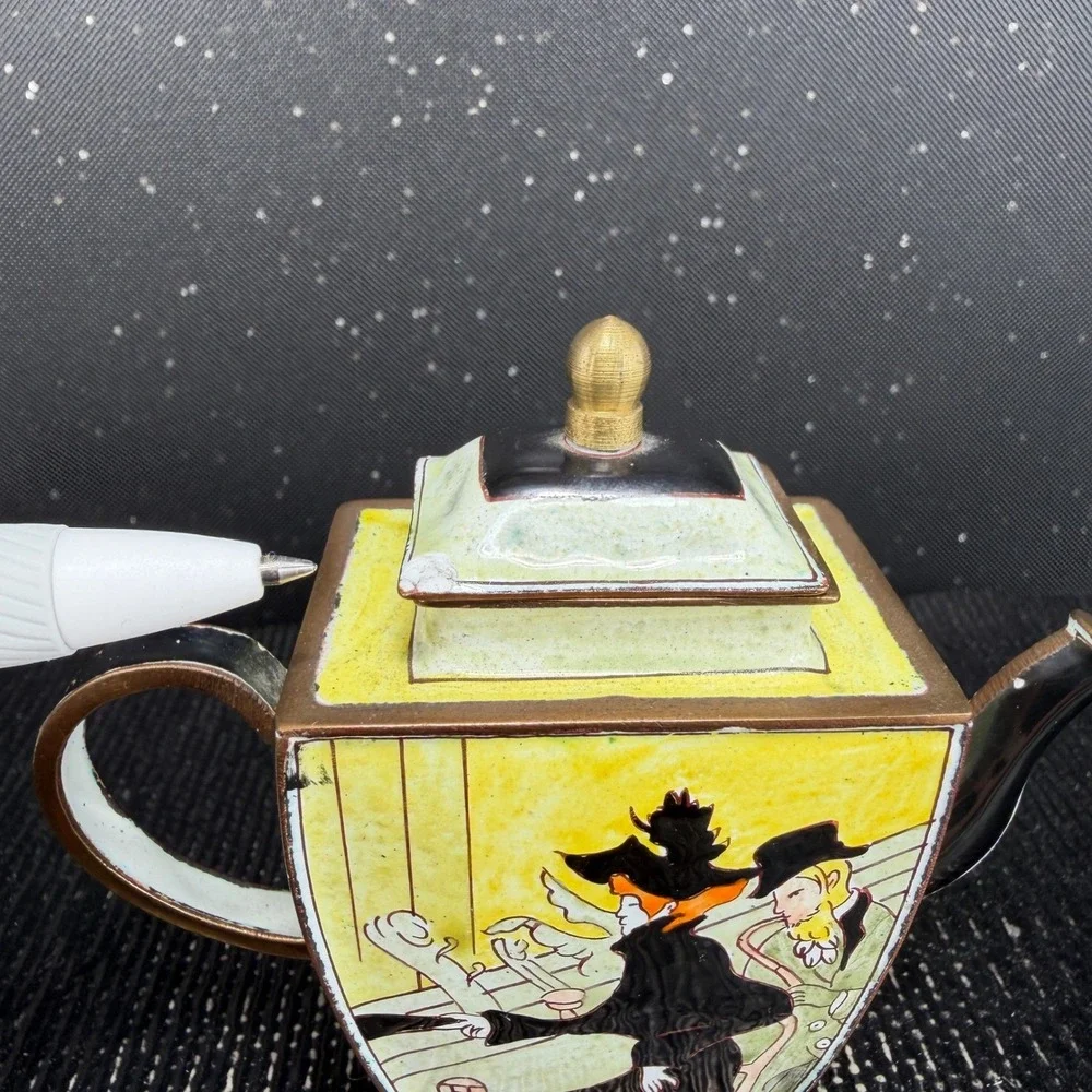 Kelvin Chen No 1064 Miniature Enameled Teapot Toulouse-Lautrec Art Yellow 3x4
